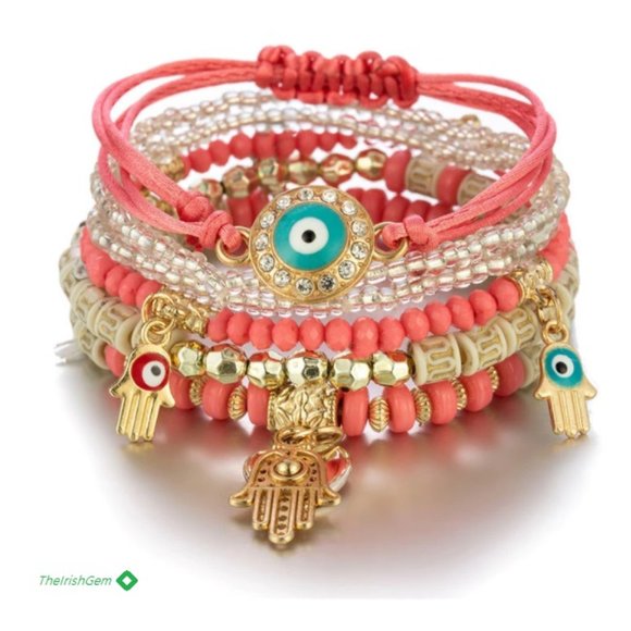 Multi Layered 7 pc. Hamsa  Evil Eye Bracelet set - Picture 1 of 2